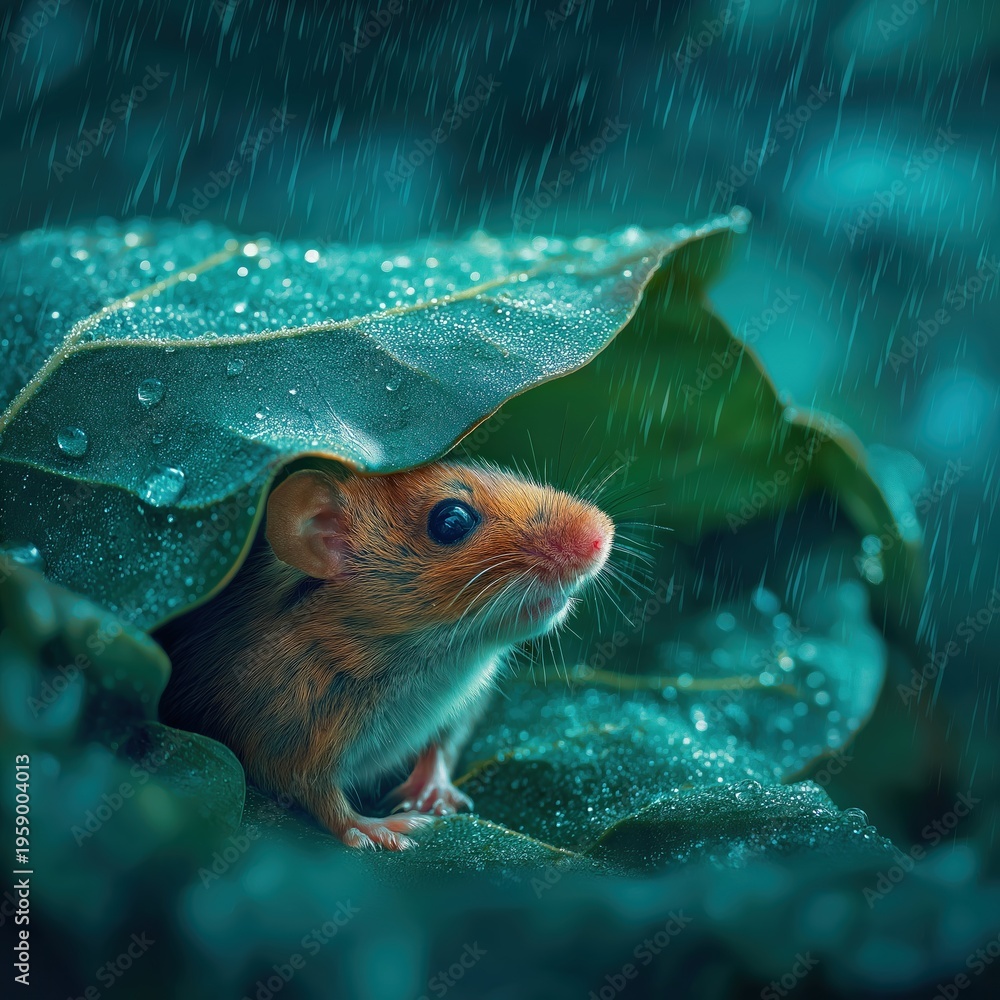 Fototapeta premium Mouse Seeking Shelter Under Leafy Canopy