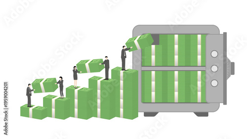 Business team achieving financial growth by stacking bundles of cash banknotes as steps to success for wealth management and secure investment planning into safe deposit vault