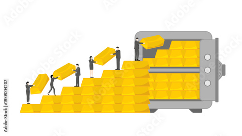 Financial achievement concept with business team stacking gold bars as staircase to reach safe vault for wealth storage and professional asset management planning