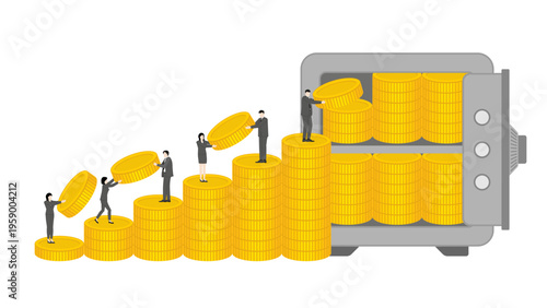 Successful business professionals building financial steps with gold coins to reach safe deposit box for wealth management and long term investment growth strategy concept