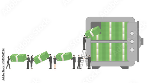 Financial teamwork concept with business team transferring cash banknotes into large safe vault using ladder for systematic wealth storage and corporate investment growth