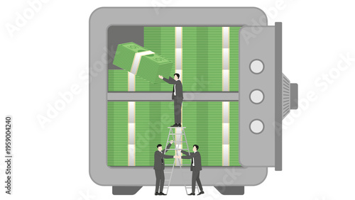 Professional business team organizing and stacking bundles of cash banknotes in large safe deposit box for efficient wealth management and financial security stability