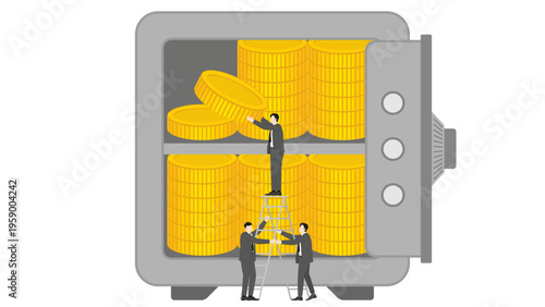 Business professionals using ladder to arrange and stack gold coins in secure safe vault for professional wealth management and financial asset protection