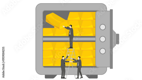 Financial team working together to organize gold bullion bars in large safe deposit box for systematic wealth storage and long term asset management security