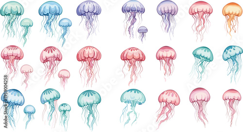 Colorful Jellyfish Collection Featuring Transparent Ocean Sea Creatures in Soft Gradient Styles for Marine Life, Aquarium, Underwater, and Decorative Nature Design