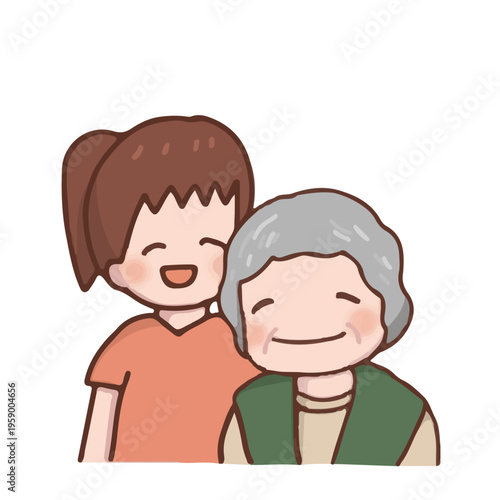 笑顔で寄り添うおばあちゃんとスクラブ姿の若い女性