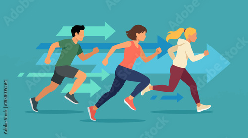 This vibrant illustration showcases three diverse runners in action, highlighted with motion lines, symbolizing speed, fitness, and the spirit of competition in a colorful setting.