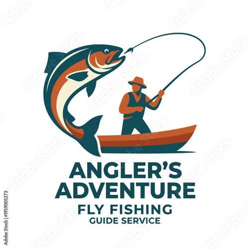 The illustration depicts a fisherman casting his line from a boat, with a large trout jumping out of the water, capturing the excitement and thrill of fly fishing adventures.