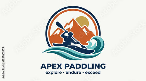 The logo presents a paddler maneuvering through stylized waves with mountains in the background, symbolizing adventure, exploration, and connection to nature’s beauty.