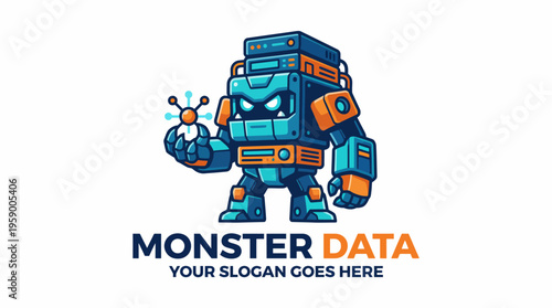 A vibrant, cartoon-style robotic character holds a data ball, showcasing themes of technology and innovation, ideal for tech-related projects and branding.