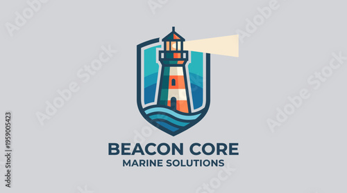 A colorful lighthouse emblem shines light over the waves, symbolizing guidance and safety in marine environments, suitable for maritime-related ventures.