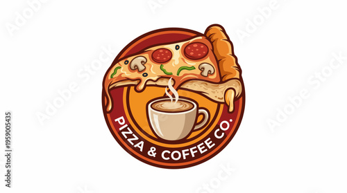 This charming logo combines a slice of pizza and a cup of coffee, embodying a warm and inviting atmosphere ideal for a cozy eatery or café.