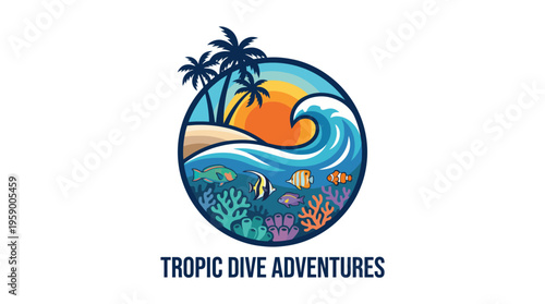 This captivating logo showcases a tropical scene with waves, fish, and corals, perfect for promoting underwater adventures and eco-tourism experiences.