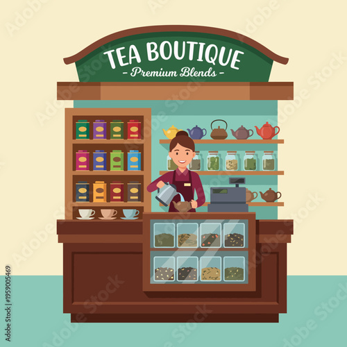 This charming logo showcases a tea boutique with a friendly barista, highlighting a premium selection of teas in a warm and inviting environment tailored for tea lovers.