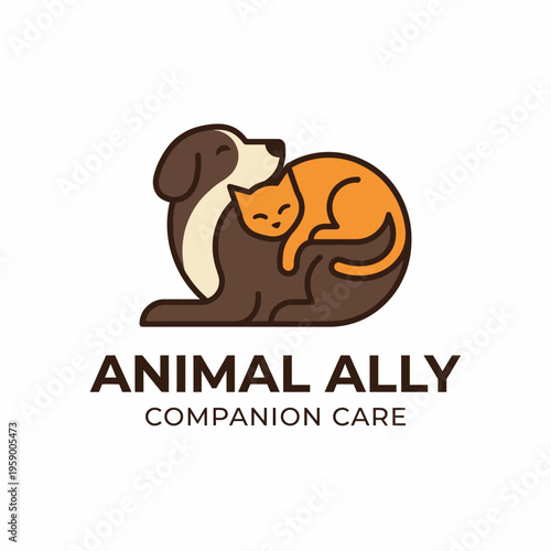 This adorable logo features a dog and cat in a cozy embrace, symbolizing companionship and care in a friendly design, perfect for a pet service or shelter.