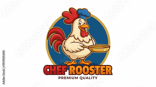 A lively image of a cartoon chef rooster holding a frying pan, emphasizing culinary excellence and the joy of cooking in a playful and inviting style.