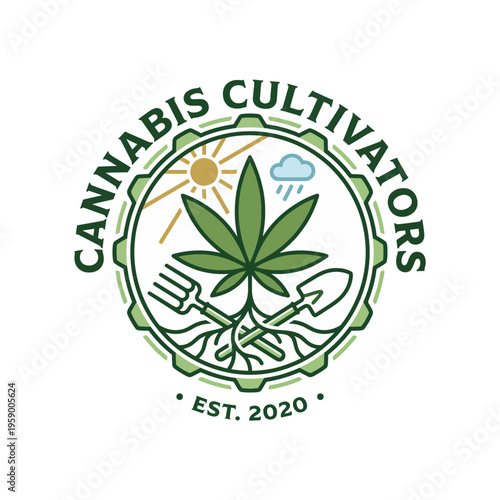 This image displays a well-designed logo for cannabis cultivators. Featuring vibrant elements like leaves and tools, it reflects innovation in the cannabis industry since 2020.