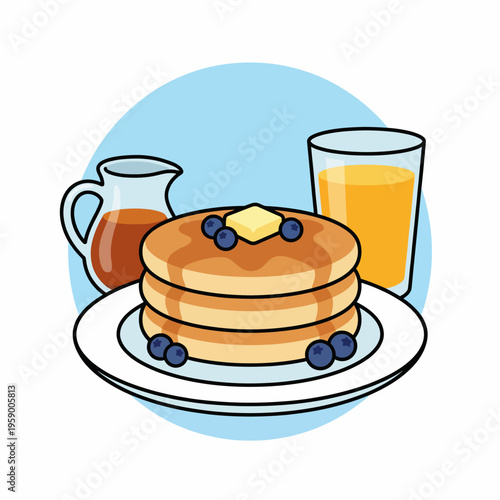 This mouth-watering image features a stack of delectable pancakes adorned with blueberries and butter, accompanied by a glass of orange juice, perfect for breakfast visuals.