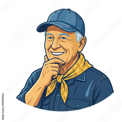 This warm illustration features a smiling senior man deep in thought, dressed casually and exuding wisdom and positivity, symbolizing the grace of aging and life experiences.