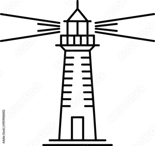A black and white drawing of a lighthouse with lines coming out of it