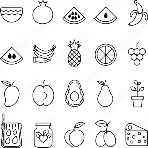 Minimalist fruit line icons set, collection of 20 organic food vector elements, simple black outline healthy snack symbols for grocery and menu design