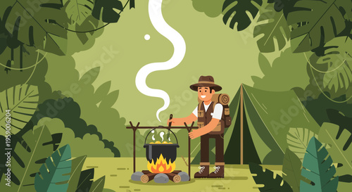 Adventurer cooking food over campfire in jungle camp.