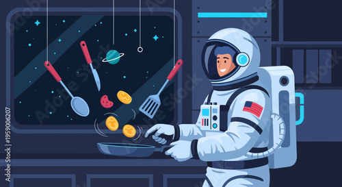 Astronaut cooking food in zero gravity space station.