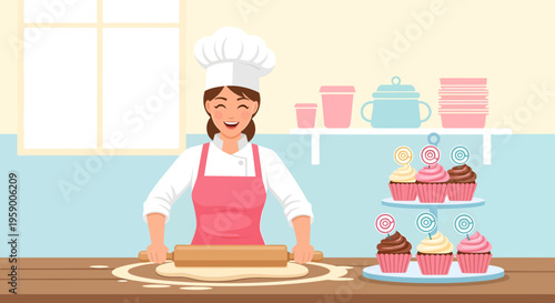 Baker Woman Rolling Dough Preparing Pastries.