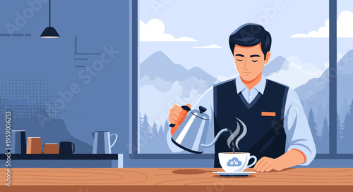 Barista Pouring Hot Water Into Coffee Cup.