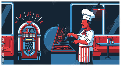 Chef cooking burgers in retro diner with jukebox.
