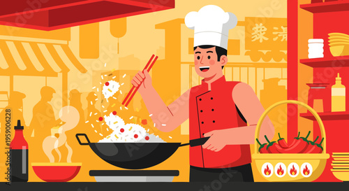 Chef cooking Asian food in a wok with chopsticks.