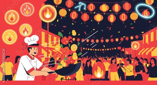 Chef cooking delicious food in a lively street market.