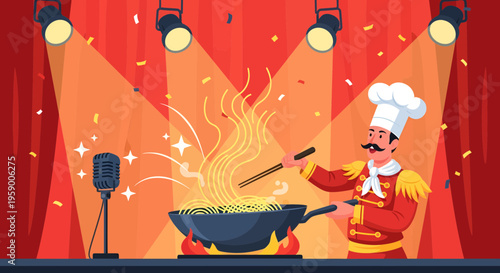 Chef cooking noodles in a wok on stage.