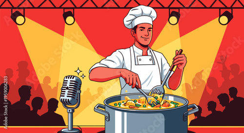 Chef cooking on stage with microphone and audience.