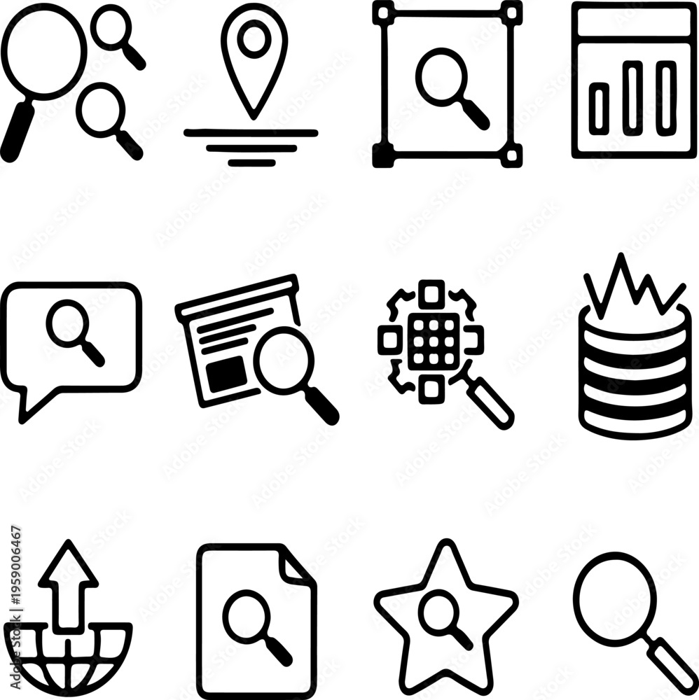Fototapeta premium Minimalist search and analysis icons, set of 12 black line vector symbols, data exploration and SEO research graphics for web design