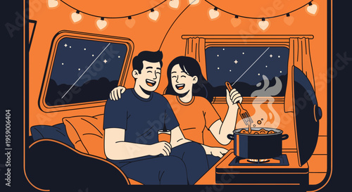 Happy Couple Enjoying Cozy Evening Inside Camper Van.