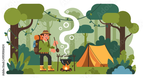 Man camping in forest cooking food over campfire.