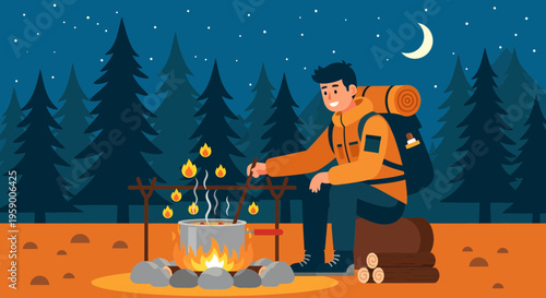 Man camping cooking food over campfire at night.