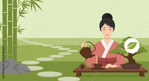 Japanese Woman Performing Traditional Tea Ceremony Outdoors.
