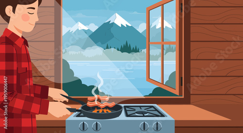 Man cooking breakfast in a rustic cabin kitchen.