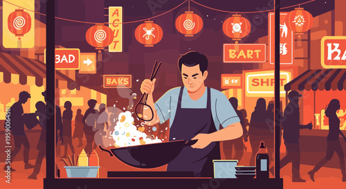 Man cooking delicious food in a wok at a night market.