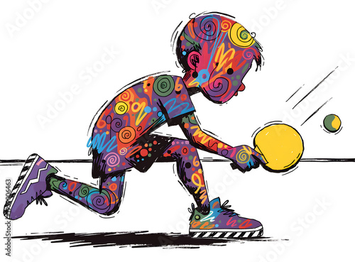 Vibrant pop art table tennis illustration, colorful young boy playing ping pong, artistic sports character with psychedelic patterns and neon swirls