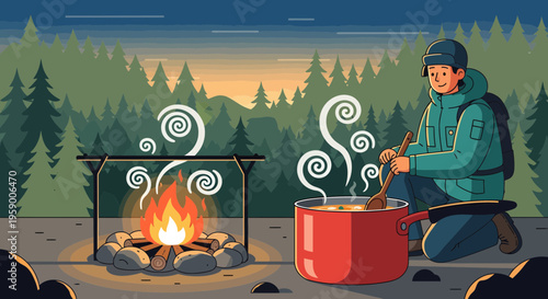 Man cooking food over campfire in forest setting.