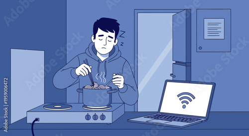 Man cooking food while struggling with internet connection.