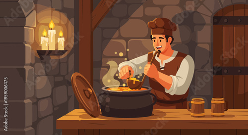 Man cooking in a medieval tavern with a pipe.