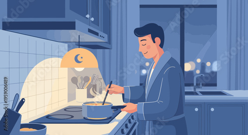 Man Cooking Late Night Meal in Kitchen.