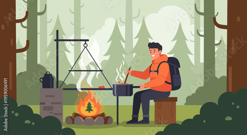 Man cooking food over campfire in forest.
