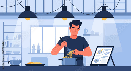 Man cooking pasta following recipe on tablet screen.