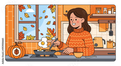 Woman cooking breakfast in cozy autumn kitchen scene 1.