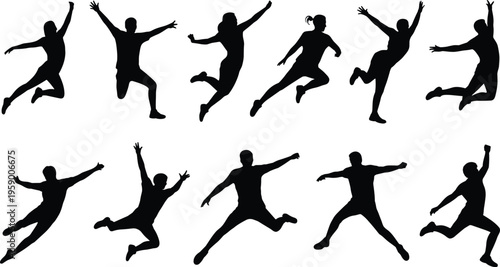 People jumping silhouettes set with energetic poses happiness freedom celebration action movement active lifestyle human figures vector illustration collection